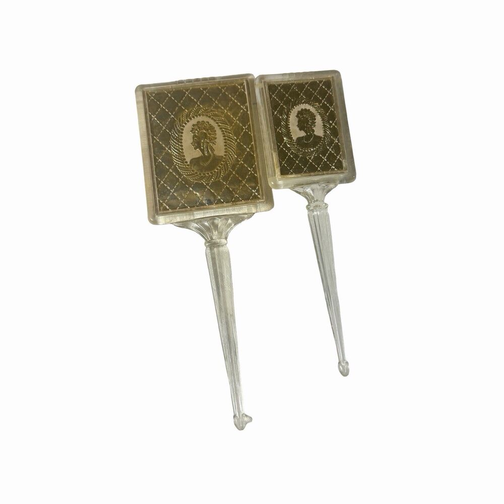 Vintage Vanity Set 2 Pieces Brush Handheld Mirror Lucite or Acrylic w/ Gold Foil